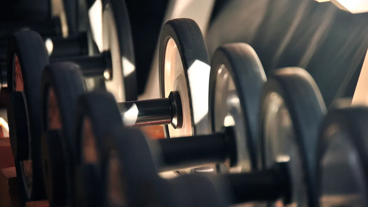 Fila de mancuernas en un soporte de gimnasio, desenfocadas
