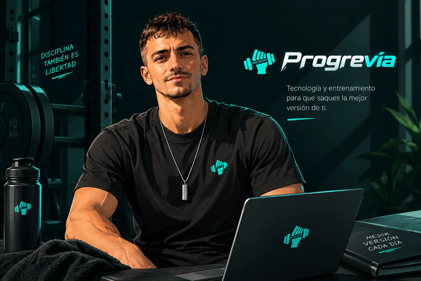 Ilustración de una persona entrenando y trabajando con un portátil en un gimnasio, con la marca Progrevia