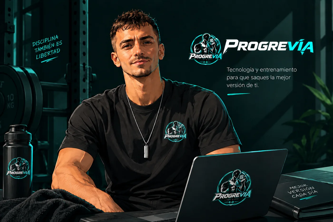 Ilustración de un hombre con camiseta de Progrevia sentado ante un portátil en un gimnasio